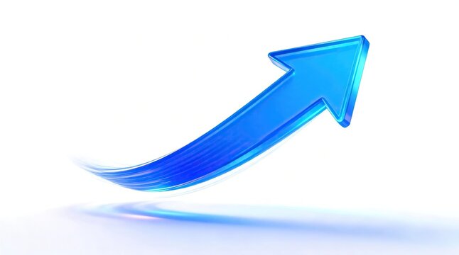 Glossy transparent blue 3d growing upward arrow on plain white background business growth finance increase development trend concept