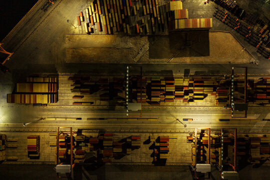 Container port logistics at night.
