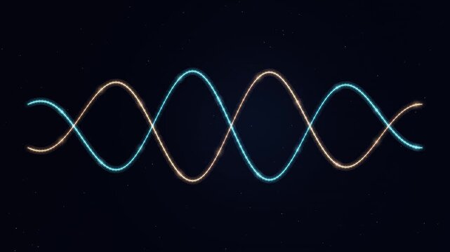 Two glowing sine waves oscillating in phase isolated on a black background, motion graphics loop for wave and oscillation Projects physics light frequency vibration blue orange abstract animation data
