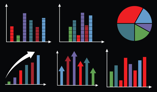 Business Analytics Bar Charts and Pie Chart Infographic Collection with Colorful Growth Arrows on Black Background