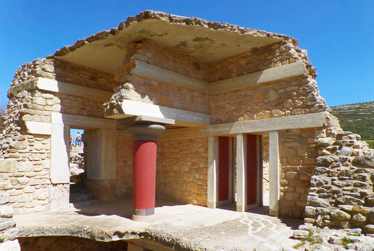 The reconstructed Red columns Palace of Knossos in Heraklion, Crete Island near the Aegean Sea