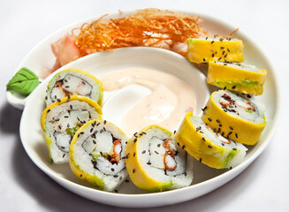 Gourmet Mango Sushi Roll Set with Dipping Sauce and Crisp Garnish © Brand