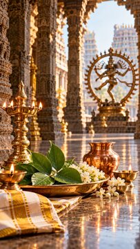 Traditional Hindu temple ritual setup with brass oil lamps, bilva leaves, jasmine flowers, and Nataraja statue in the background for Arudra Darshan or Maha Shivaratri festival.
