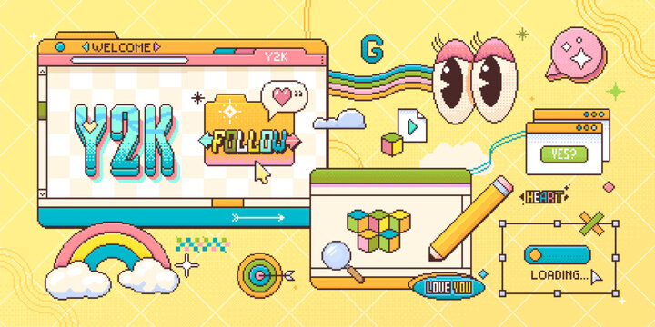 Y2K computer pixel window panels and retro 8 bit icons interface. Vector game graphics, loading screens, buttons, filters, characters, folders, mail and nostalgic 90s web elements for digital screen