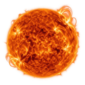 Active Sun with glowing coronal loops on transparent background