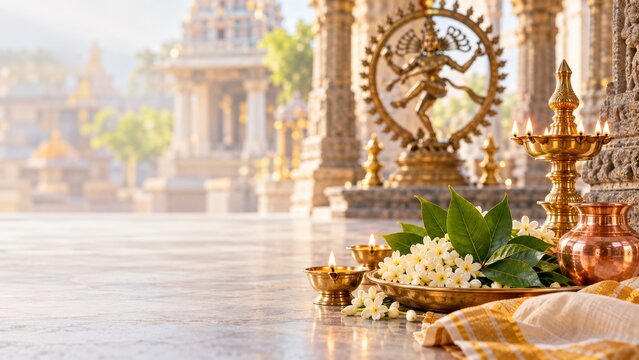 Traditional Hindu temple ritual setup with brass oil lamps, bilva leaves, jasmine flowers, and Nataraja statue in the background for Arudra Darshan or Maha Shivaratri festival.