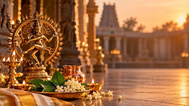 Traditional Hindu temple ritual setup with brass oil lamps, bilva leaves, jasmine flowers, and Nataraja statue in the background for Arudra Darshan or Maha Shivaratri festival.
