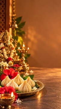 Traditional Indian sweet modak offered to Lord Ganesha with red hibiscus flowers, brass lamp, and mouse figurine for Ganesh Chaturthi festival celebration.
