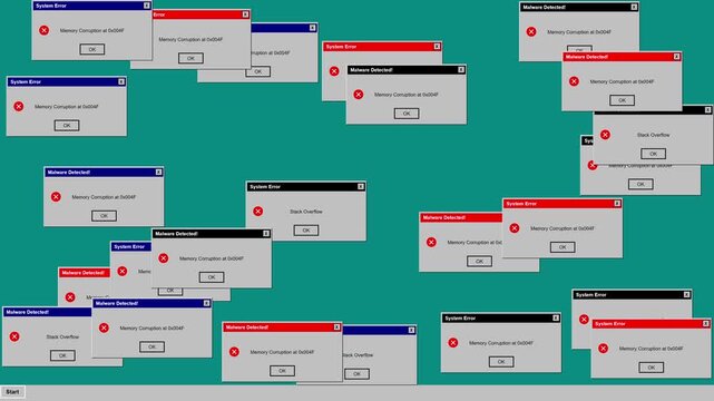 Bsod system crash animation retro operating system critical error popups multiplying across screen display. 4k animation