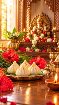 Traditional Indian sweet modak offered to Lord Ganesha with red hibiscus flowers, brass lamp, and mouse figurine for Ganesh Chaturthi festival celebration.