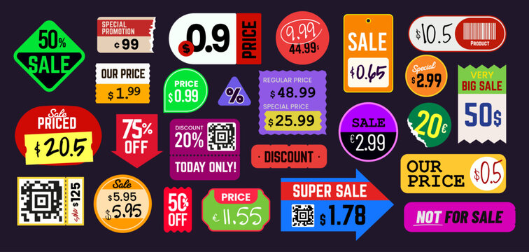 Store paper price stickers and supermarket discount sale tags. Retro promotional sale badges featuring sticky labels, barcode tags and QR code coupons for promotional banners and retail web design