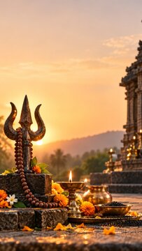 Trishula, rudraksha mala, lit oil lamp, marigold flowers, and black sesame seeds arranged for Kalashtami ritual worship at an ancient Hindu temple in India