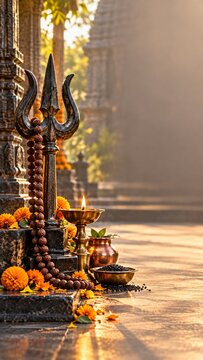 Trishula, rudraksha mala, lit oil lamp, marigold flowers, and black sesame seeds arranged for Kalashtami ritual worship at an ancient Hindu temple in India