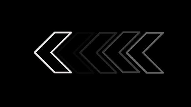 Set of white outlined arrow shapes pointing left on black background a of simple symbols displayed in outline design on a solid backdrop
