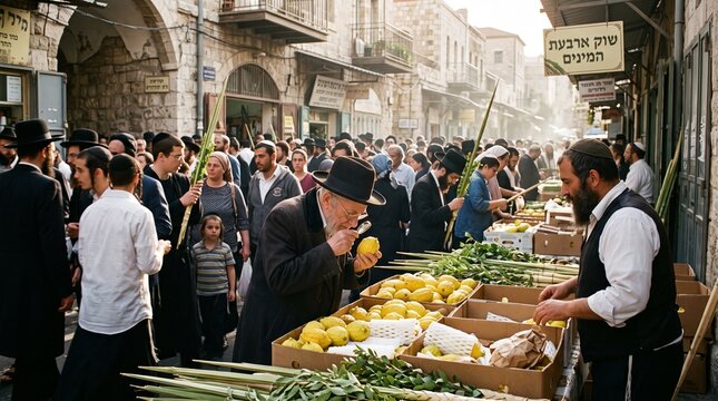 An older Jewish man meticulously inspecting a yellow etrog with a magnifying glass at a bustling outdoor Sukkot market