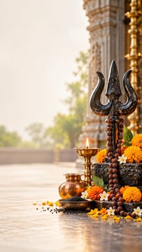 Trishula, rudraksha mala, lit oil lamp, marigold flowers, and black sesame seeds arranged for Kalashtami ritual worship at an ancient Hindu temple in India