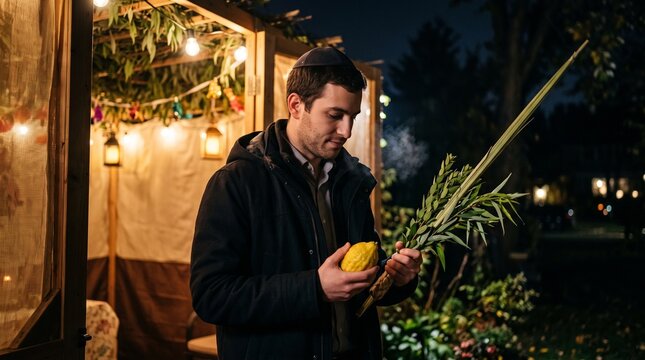 A young Jewish man holding the Four Species lulav and etrog preparing for a blessing outside a sukkah at night
