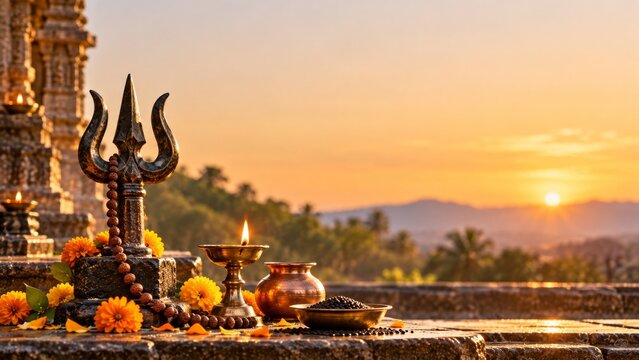 Trishula, rudraksha mala, lit oil lamp, marigold flowers, and black sesame seeds arranged for Kalashtami ritual worship at an ancient Hindu temple in India