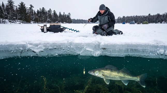 Fisherman catching walleye fish under ice with spoon lure in split cross section winter landscape view
