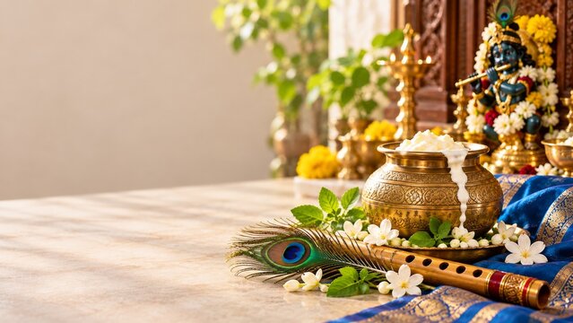 Krishna Janmashtami celebration background with traditional makhan handi pot of butter, bamboo flute bansuri, peacock feather, tulsi leaves, and diya lamps on blue silk