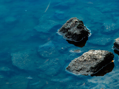 Dark mossy rocks emerging from clear deep blue water with submerged stones visible below the surface, calm river or pond nature scene