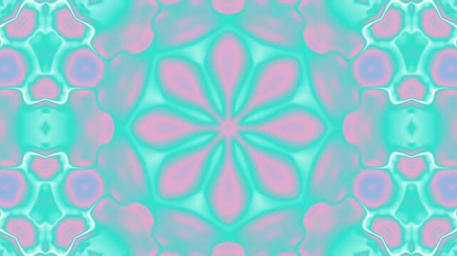 Abstract floral kaleidoscope pattern in pastel mint green and pink tones.