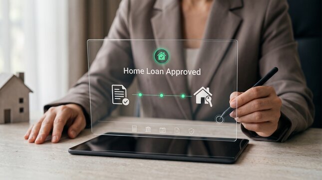 Professional approving home loan on digital tablet with virtual