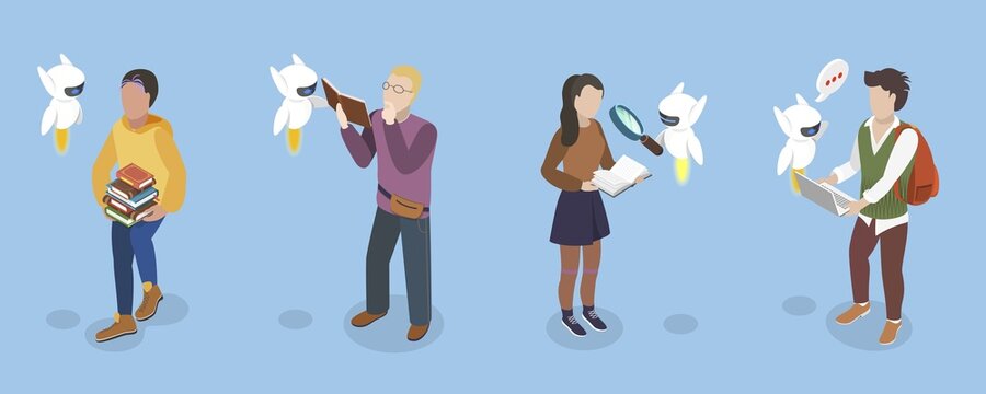 3D Isometric Flat Vector Illustration of Learning and AI Technologies, Artificial Intelligence in School Education