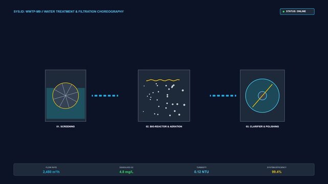Three-stage water treatment visualization with circular and dotted graphics