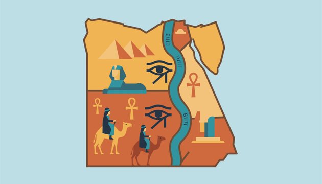 Illustrated map of Egypt featuring ancient pyramids, Sphinx, Nile river, Eye of Horus, and nomadic desert travelers on camels.