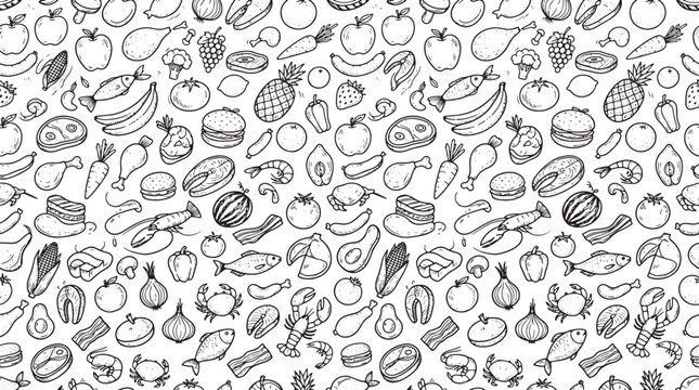Black and white hand drawn doodle seamless pattern with various food items including fruits and meat