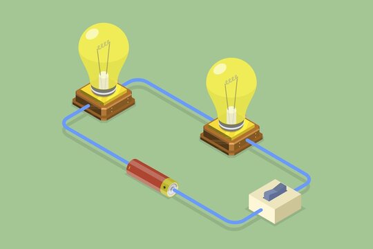 3D Isometric Flat Illustration of Simple Electric Circuit, Accumulator Battery and Light Bulb