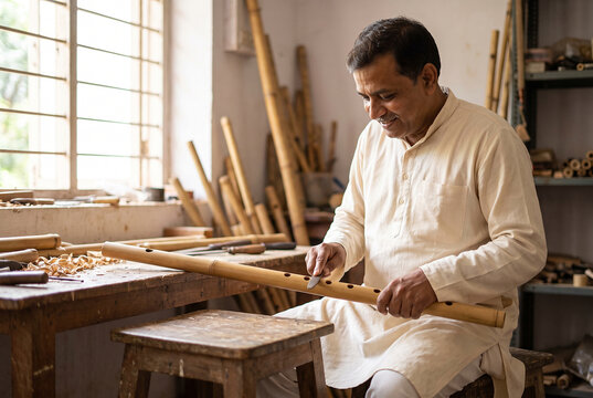 Indian flute maker filing a finger hole on a bamboo bansuri flute