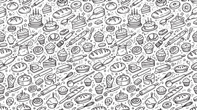 Black and white vector seamless pattern featuring hand-drawn bakery and pastry doodle elements on white background.