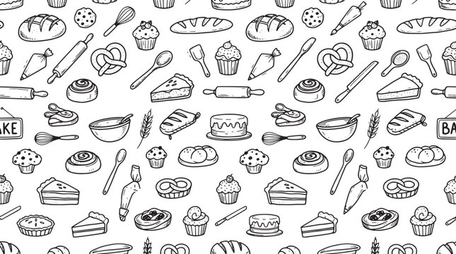 Black and white vector seamless pattern with hand drawn doodle bakery and pastry elements on white background