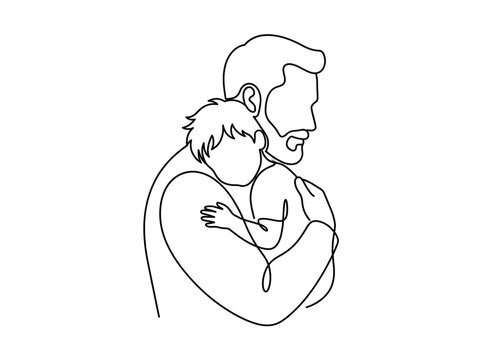 Tender and emotional black and white vector illustration showing a father embracing and hugging his child with love and care.