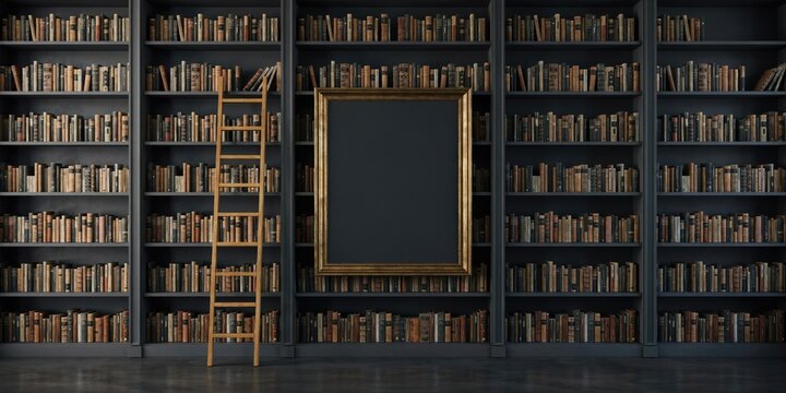 Dark library shelves with old books, wooden ladder, and large empty gold frame