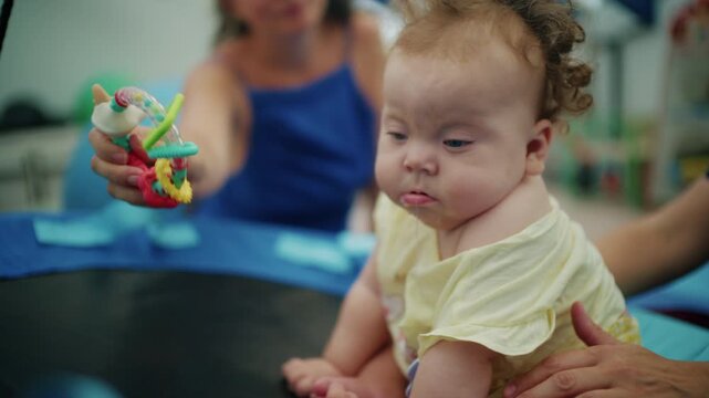 Close-up of a curly-haired baby girl on a round swing looking down at a teether toy held out by a woman, French Riviera, France.