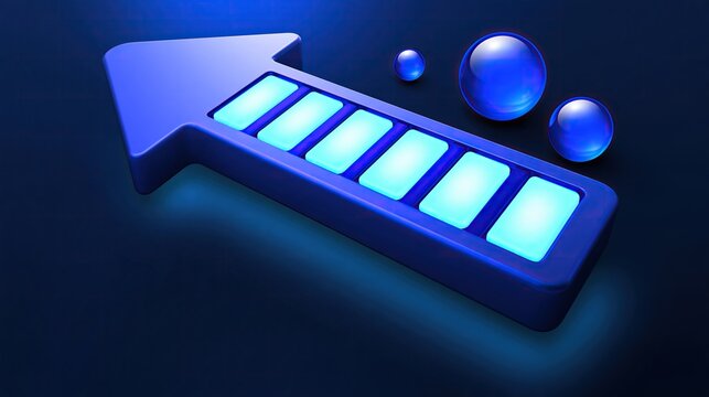 Glowing 3d left direction arrow with six glowing cyan bars and transparent blue bubbles on dark blue background business growth progress concept