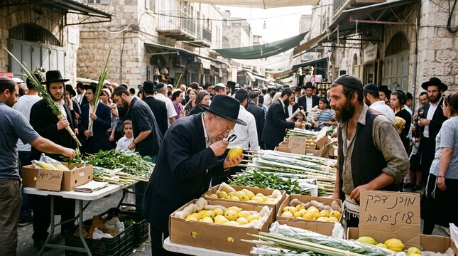 An older Orthodox Jewish man meticulously inspecting a yellow etrog with a magnifying glass at a bustling outdoor Sukkot market