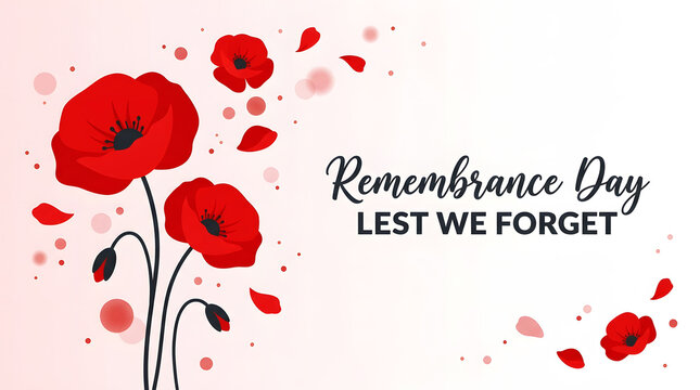 Remembrance day poppy flowers with lest we forget calligraphy on a light background