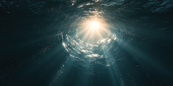Underwater view through swirling ocean water vortex with warm sun light rays penetrating from surface deep blue ocean natural beauty concept