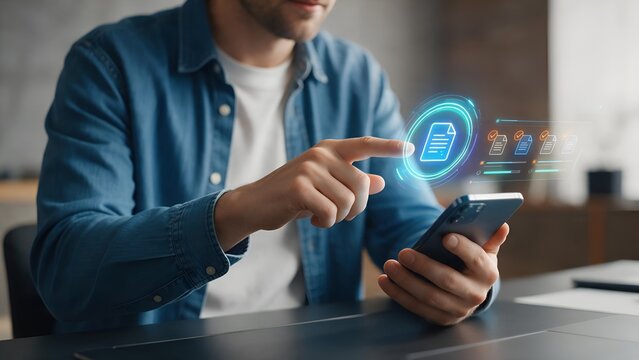 Man in denim shirt interacting with futuristic digital hologram interface on modern smartphone device while working at office desk during daily routine tasks