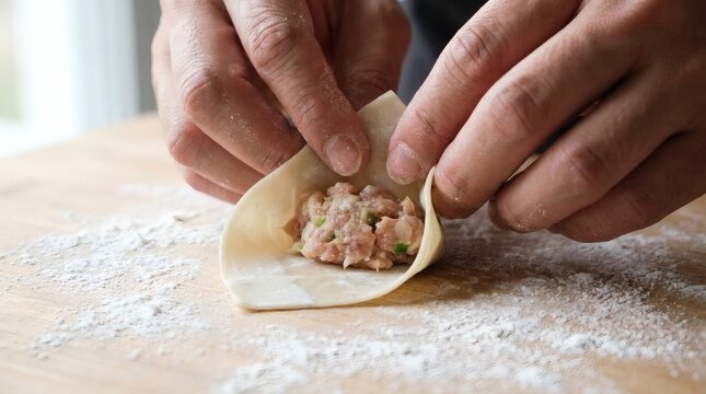 Hands folding a delicious dumpling with seasoned meat filling on a wooden surface sprinkled with flour, preparing traditional Asian cuisine.