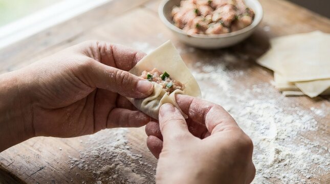 Hands assembling dumpling with meat filling and wrappers on a wooden table dusted with flour, close-up shot
