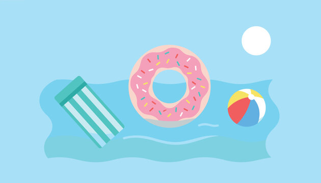 Cheerful summer illustration of inflatable donut, air mattress, and beach ball happily floating in calm blue water under the sun.