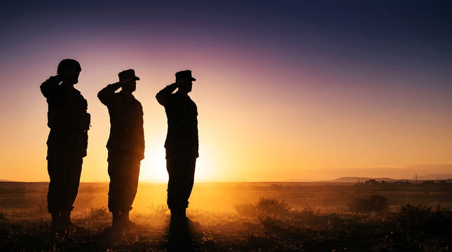Silhouette of three soldiers saluting against a vibrant sunset horizon