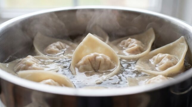 Close-up of wontons cooking in boiling water in a pot, with steam rising. Homemade Chinese dumplings being prepared.