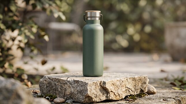 Minimalist matte olive green reusable stainless steel water bottle with wooden cap standing on a rough natural stone pedestal in a sunlit outdoor garden setting with soft bokeh background focus