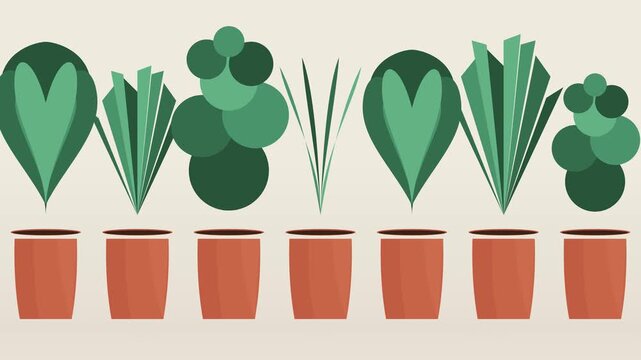 A Flat Vector Animation Sequence Displays Potted Plants With Repeating Geometric Green Foliage